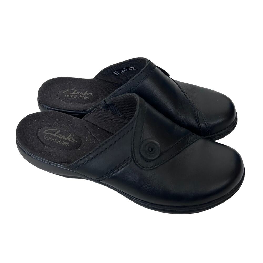 Clarks Bendables Black Leather Slip On Clogs Sz 6.5